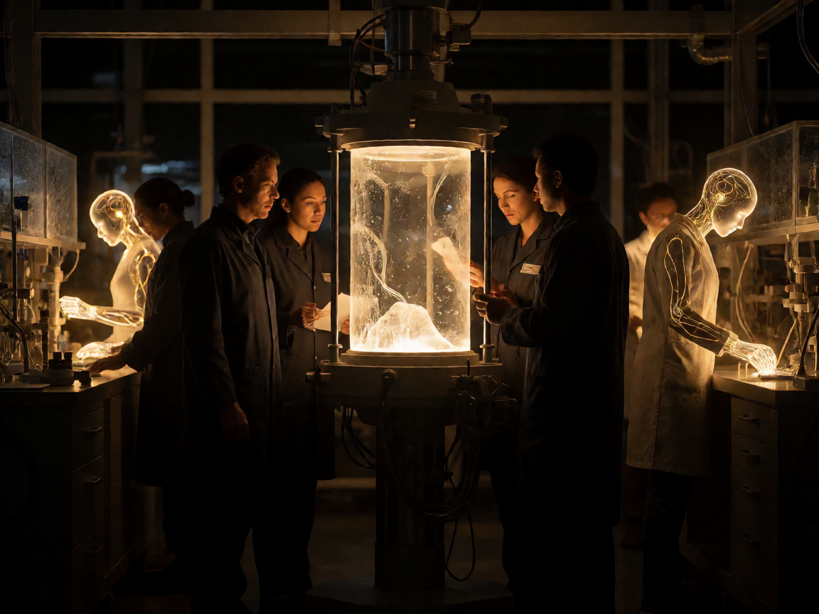 Night-time science laboratory with researchers and glowing AI presences