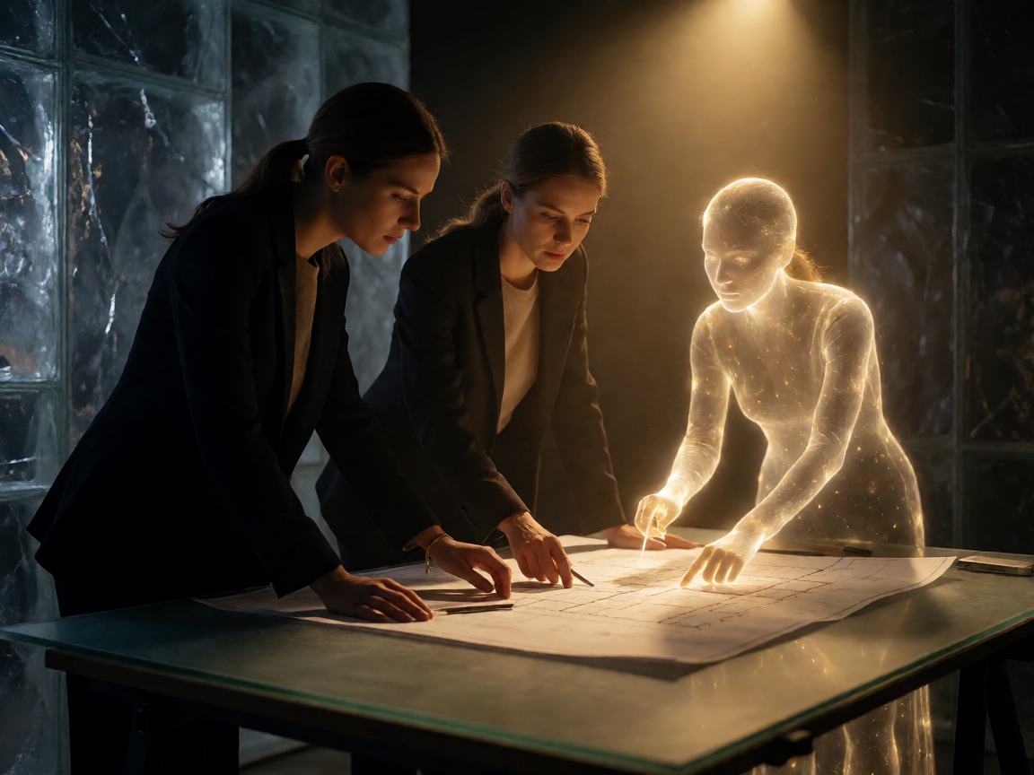 Women architects studying large plans beside luminous agent silhouettes