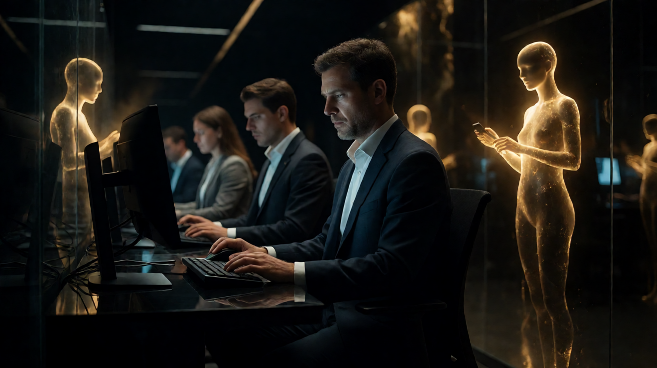 Luminous AI agents working across a cinematic trading floor