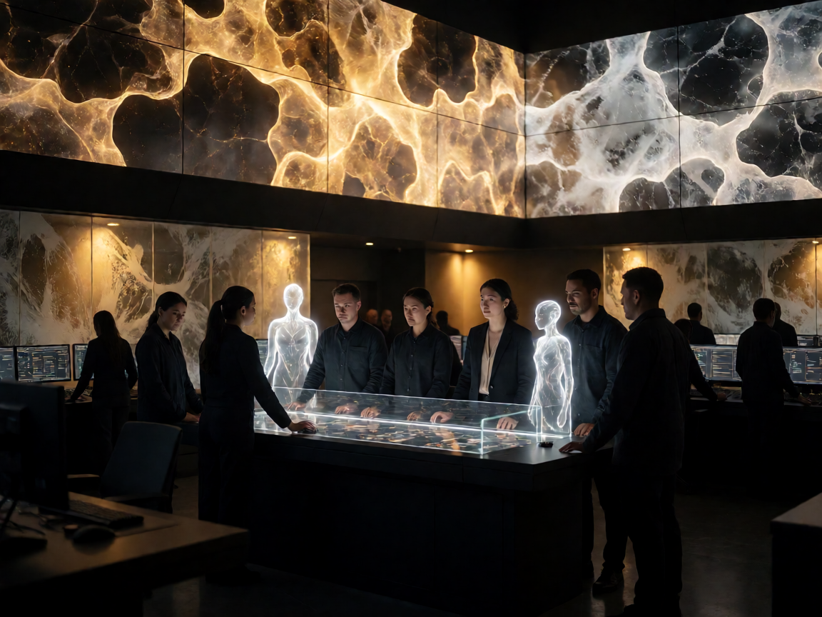 Operations centre with glowing displays and luminous AI agents